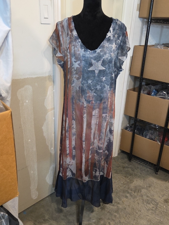 Cal Style Dresses & Skirts - Patriotic America Maxi Dress Red White Blue Rhinestone Star V-Neck Ruffled Hem